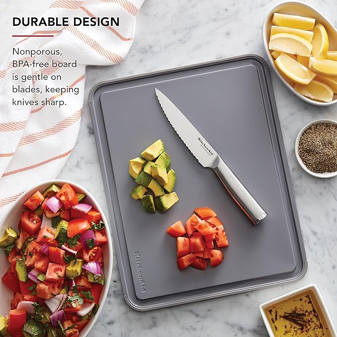 KitchenAid Classic Plastic Cutting Board with Perimeter Trench and Non Slip Edges, Dishwasher Safe, 11 inch x 14 inch, Gray