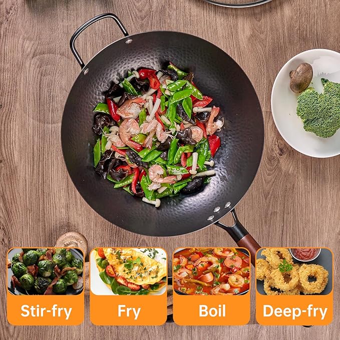 WANGYUANJI 13.4"Carbon Steel Wok Pan with Lid (34cm),Large Flat Bottom Stir Fry Pan for Electric,Induction & Glass Top Stoves, High Stability No-Wobble Design, Lightweight Chinese Cookware, 4-6 People