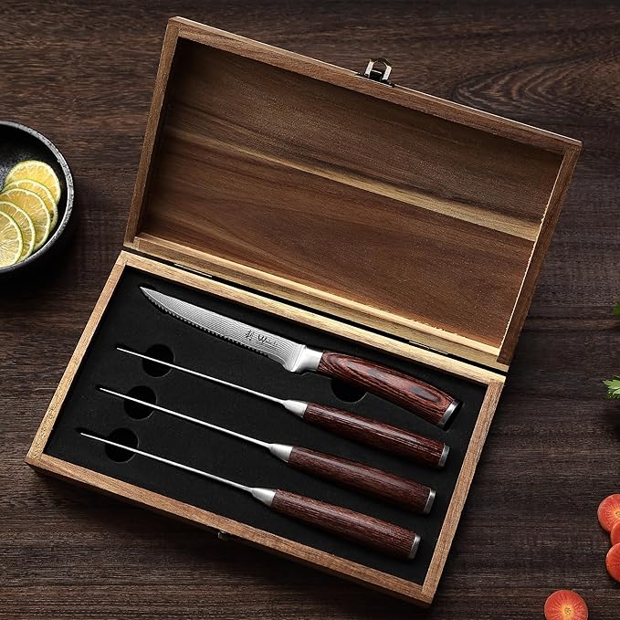 Wakoli EDIB 4-Piece Damascus Steak Knife Set – Professional Dining Kitchen Knives with VG10 Core Blades, 67-Layer Damascus Steel & Ergonomic Pakkawood Handles – Premium Steak Cutlery in Gift Box