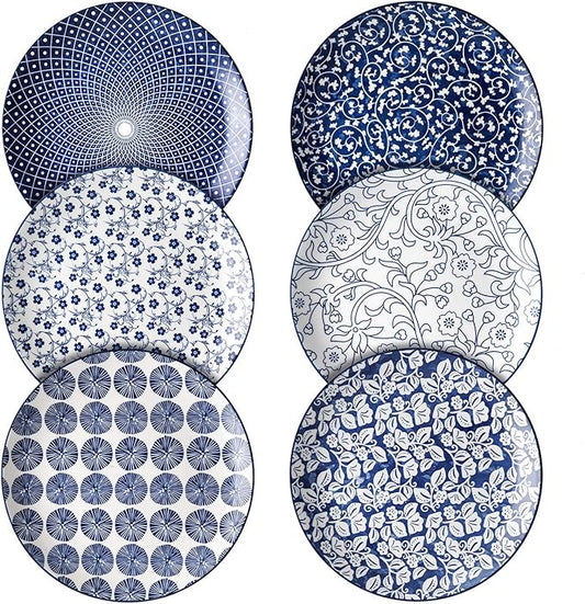 Selamica 8 inch Porcelain Dinner Plates, Large Size Serving Plate for Salad, Pancakes, Steak, Set of 6, Vintage Blue