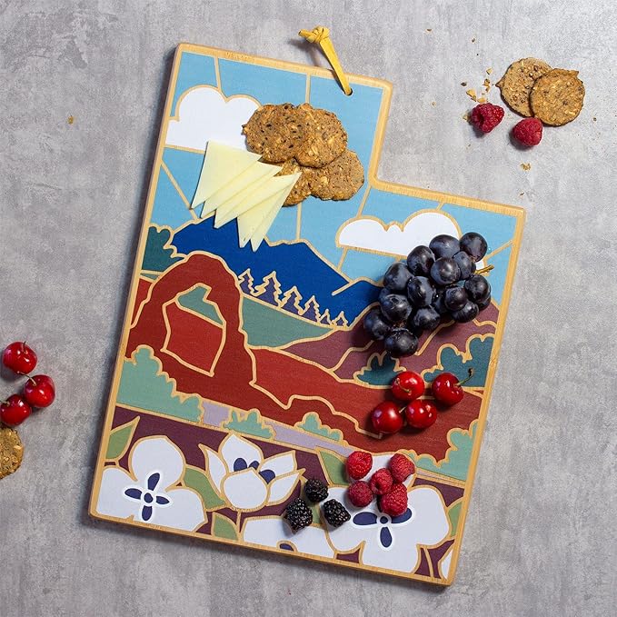 Totally Bamboo Utah State Shaped Cutting Board and Charcuterie Serving Platter with Artwork by Summer Stokes, Includes Hang Tie for Wall Display Varies