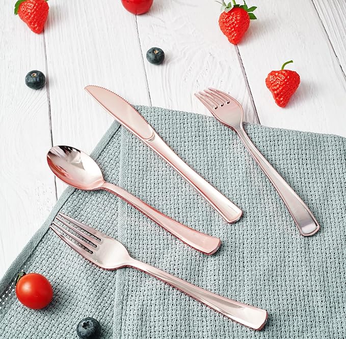 FOCUSLINE 75 Pack Rose Gold Plastic Silverware Disposable Cutlery Set - 25 Forks Knives Spoons - Disposable Flatware Heavy Duty Plastic Utensils Set for Catering, Parties, Dinners, Weddings