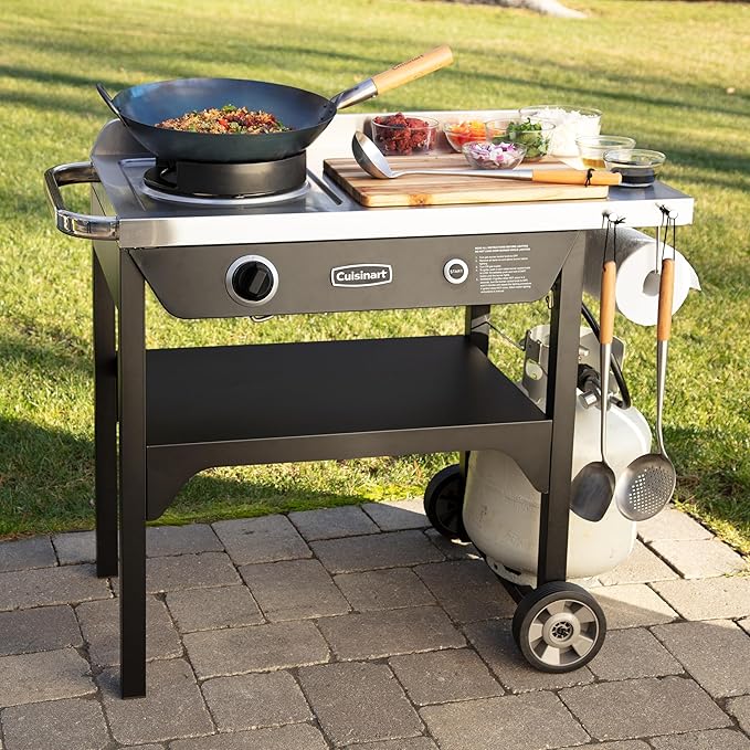Cuisinart Outdoor Wok Station, 50,000 BTU Propane Outdoor Wok Burner with Prep Table, 14" Carbon Steel Fry Pan, Stainless Steel Side Table, Storage, Outdoor Cooking Station for Stir Fry, Searing, BBQ