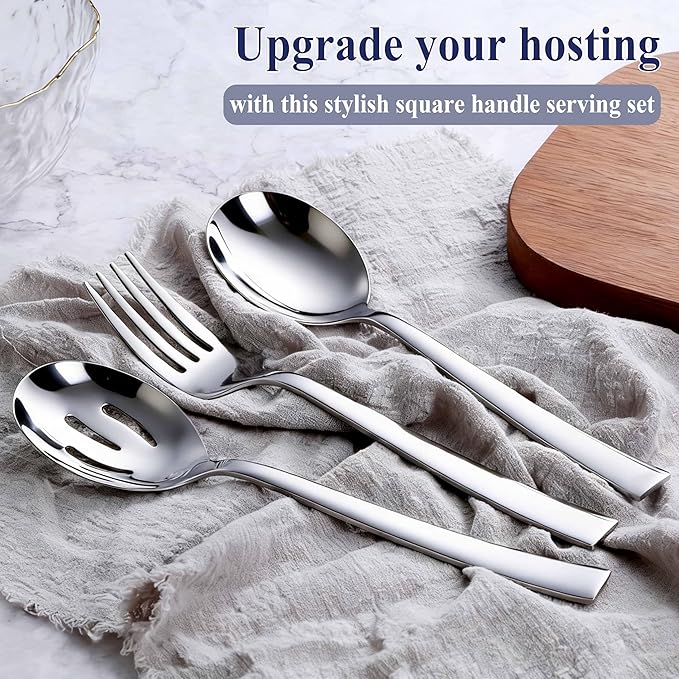E-far Serving Utensils Set of 6, Stainless Steel Large 2 Serving Spoons 2 Slotted Spoons 2 Forks for Buffet/Parties/Catering, Mirror Polished & Dishwasher Safe