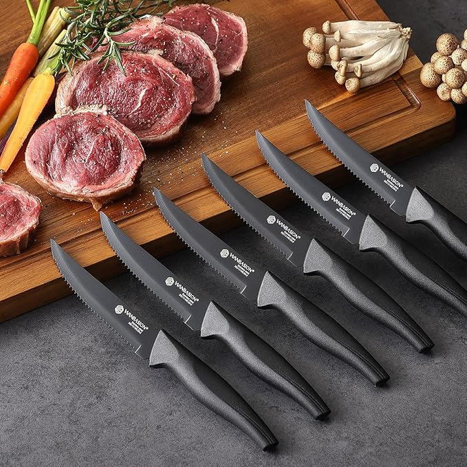 Wanbasion 15Pcs Kitchen Knife Block Set with Sharpener, Sharp Kitchen Knives Set with Block, Stainless Steel Knife Set with Block Dishwasher Safe Black