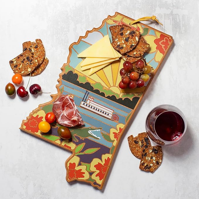 Totally Bamboo Mississippi State Shaped Cutting Board and Charcuterie Serving Platter with Artwork by Summer Stokes, Includes Hang Tie for Wall Display
