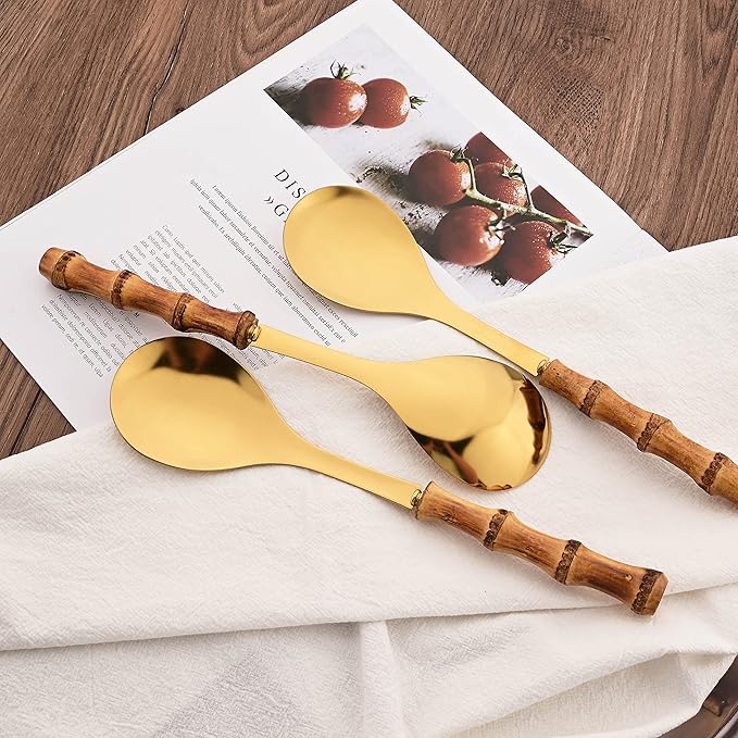 Natural Bamboo Handle Serving Spoons Set of 6, Large Size Stainless Steel Dinner Buffet Catering Banquet Serving Spoons, 10.0" Gold Big Ladle Tablespoons for Home, Family Serving Utensils