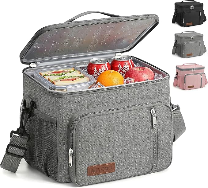 MIYCOO Lunch Box Lunch Bag for Women Men - Insulated LunchBox Leakproof Cooler Tote, Reusable Soft Bag with Shoulder Strap for Work, Picnic, Beach & Travel, 12-Can (9L) -Grey