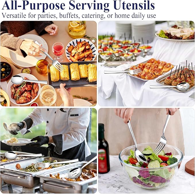 E-far Serving Utensils Set of 6, Stainless Steel Large 2 Serving Spoons 2 Slotted Spoons 2 Forks for Buffet/Parties/Catering, Mirror Polished & Dishwasher Safe