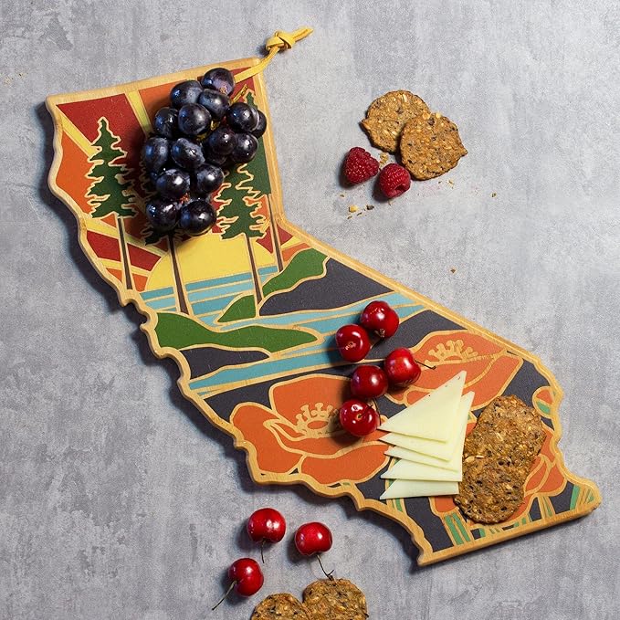 Totally Bamboo California State Shaped Cutting Board and Charcuterie Serving Platter with Artwork by Summer Stokes, Includes Hang Tie for Wall Display 11" x 14-1/4" x 5/8"