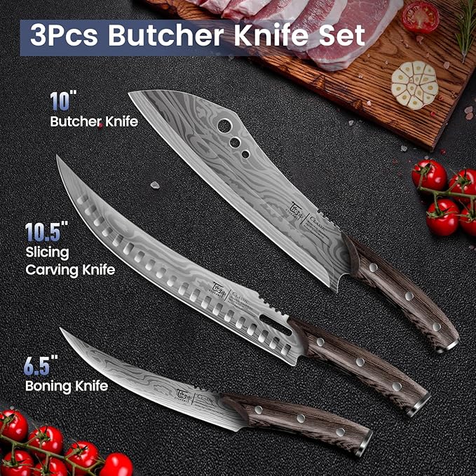 Butcher Knife Set, 3 PCS Kitchen Knives Set for Cutting, Meat Cleaver Chef Knife Set, Japanese Style High Carbon Steel Knives Set, Chopping & Slicing & Boning for Home and BBQ, Ideal Gift