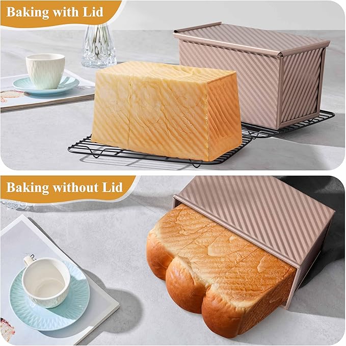 LIANYU Pullman Bread Loaf Pan with Lid, 4 Pack 1 Pound Nonstick Sourdough Loaf Pans, Heavy Duty Metal Baking Bread Tin, Homemade Sandwich Toast Bakeware, Oven Safe, Rose Gold