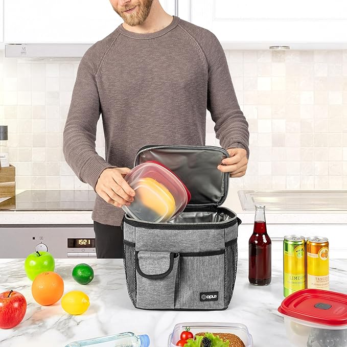 opux Insulated Lunch Bag for Men Women, Leakproof Heather Gray Lunch Box for Work, Portable Soft Lunch Cooler Bag with Shoulder Strap, Adult Lunchbox Lunch Pail for Kid Boy Girl School, 18 Can/10L