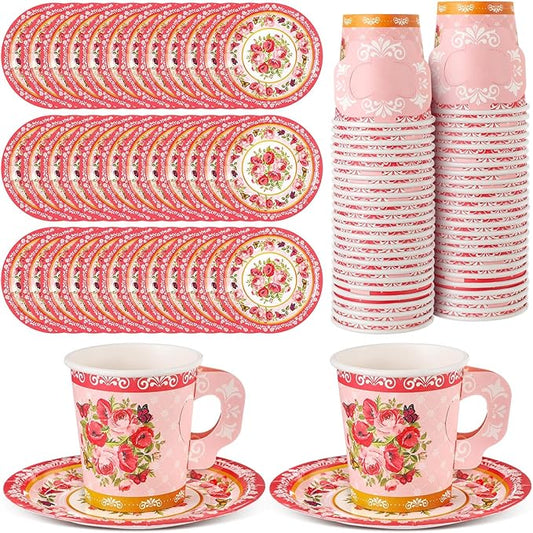 Nuogo 200 Pcs Floral Paper Tea Cups and Saucers 7 oz Disposable Tea Party Decorations Vintage Cute Paper Cups and Plates with Handles for Girls Wedding Baby Bridal Shower, Serve 100(Red)
