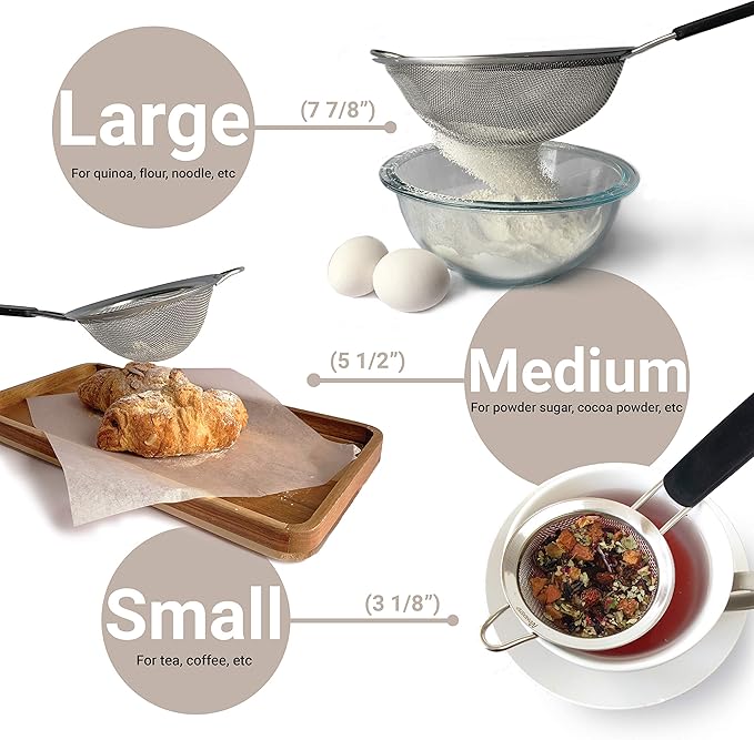 Makerstep Fine Mesh Strainer Set of 3, Stainless Steel 3.38", 5.5", 7.87" Strainers Wire Sieve Sifter with Insulated Handle Strainers for Kitchen Gadgets Tools