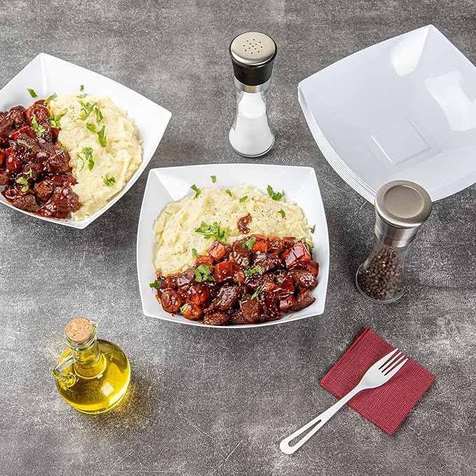 Restaurantware Moderna 64 Ounce Fancy Plastic Bowls 10 Square Disposable Salad Bowls - Durable Heavy-duty White Plastic Bowls For Warm And Cold Foods