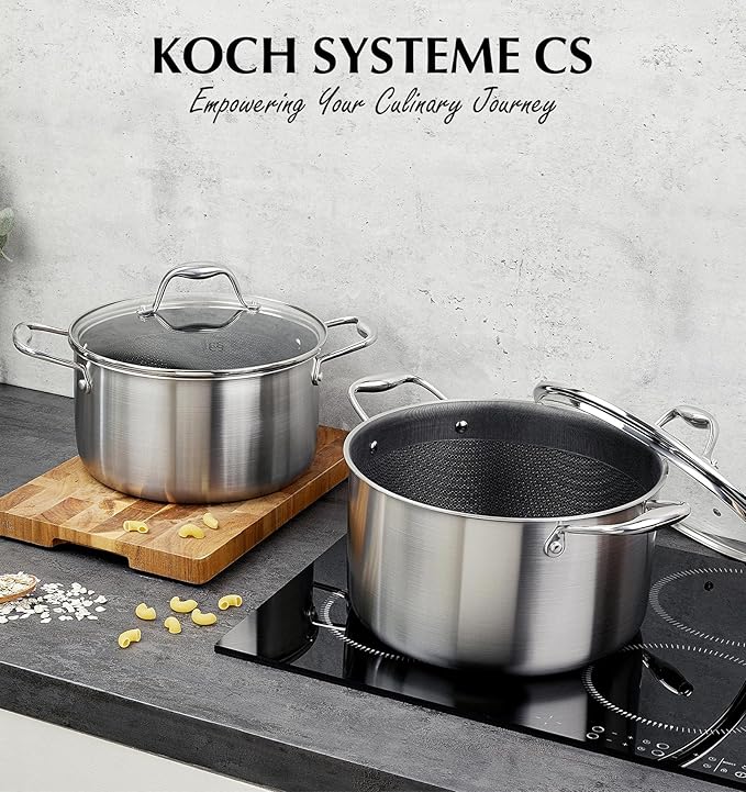 KOCH SYSTEME CS Triply Stainless Steel Pot 6 Quart, Nonstick Hybrid 18/10 Stainless Steel Stock Pot with Lid, Nonstick Cooking Pots with Honeycomb Interior, Compatible with All Cooktops, Oven Safe