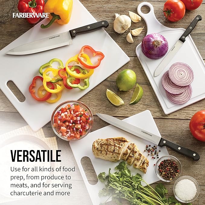 Farberware 3-Piece Plastic Cutting Board Set, Dishwasher-Safe Poly Chopping Board for Kitchen with Paddle, Charcuterie Board Set, White