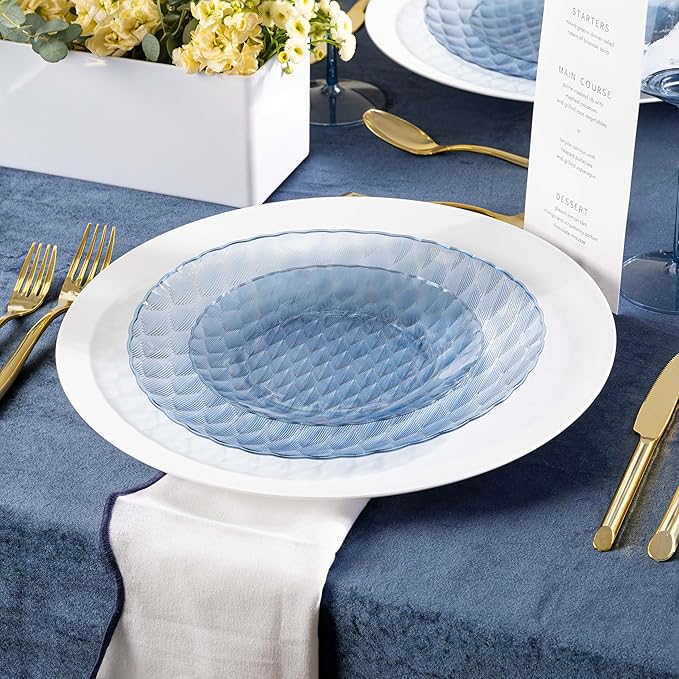 PLASTICPRO 64 Pack Plastic Dishes Set of 32-10 inch Plates and 32-7 inch Plates, Elegant Translucent Blue Disposable Fancy Tableware Premium Heavyweight