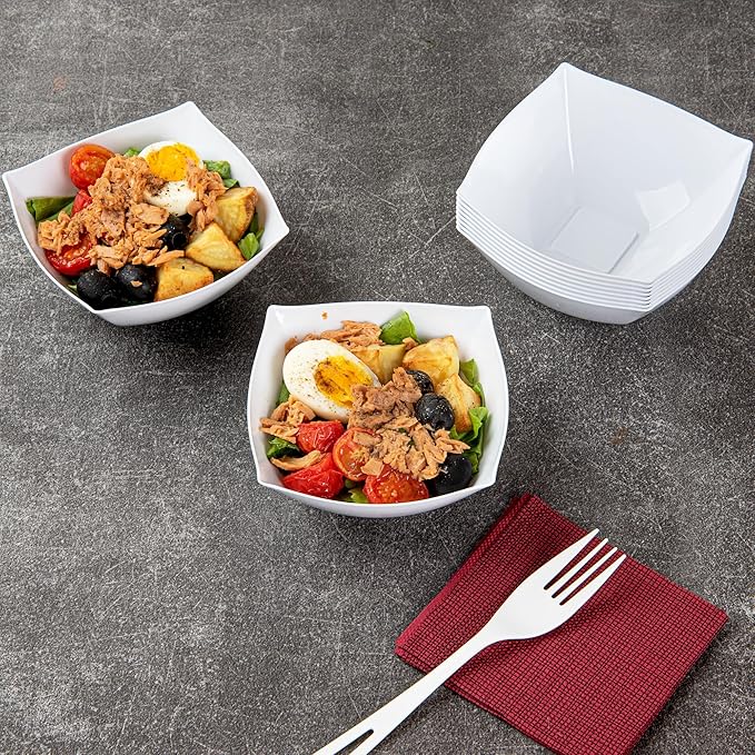 Restaurantware-Moderna 8 Ounce Fancy Plastic Bowls, 10 Square Disposable Salad Bowls - Durable, Heavy-duty, White Plastic Bowl, For Warm And Cold Foods
