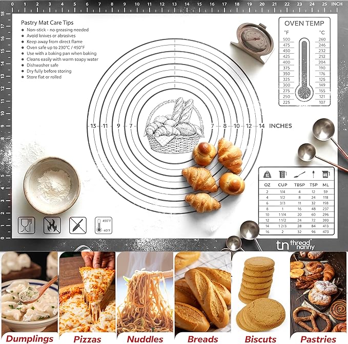 ThreadNanny Silicone Baking Pastry Mat Extra Large 28x20 - Non-Stick Non-Slip Rolling Mat for Dough with Measurements - Bread, Pizza, Pie Crust, Cookies, Fondant - Oven Safe, Dishwasher Safe (Grey)