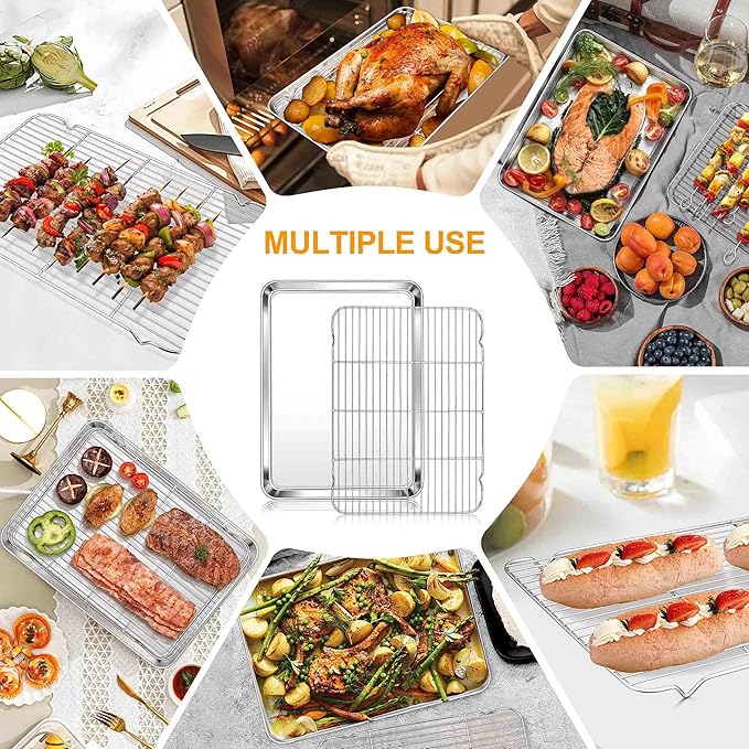 Homikit Baking Sheet with Rack Set (2 Pans+2 Racks), 20x14 Inches Large Stainless Steel Cookie Sheets & Cooling Racks Non Toxic, Big Metal Bacon Crisp Trays for Oven Baking Cooking, Dishwasher Safe