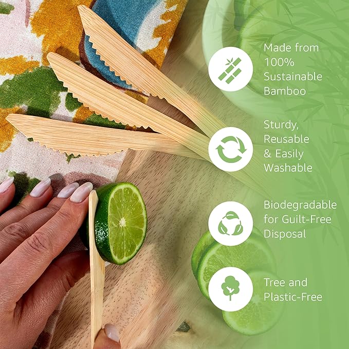 100% Bamboo Knives Set - Biodegradable Cutlery Sets (3000 Eco Friendly Knives) | Bamboo Silverware Disposable or Reusable | Compostable FSC Certified Flatware for Weddings, Camping & Parties