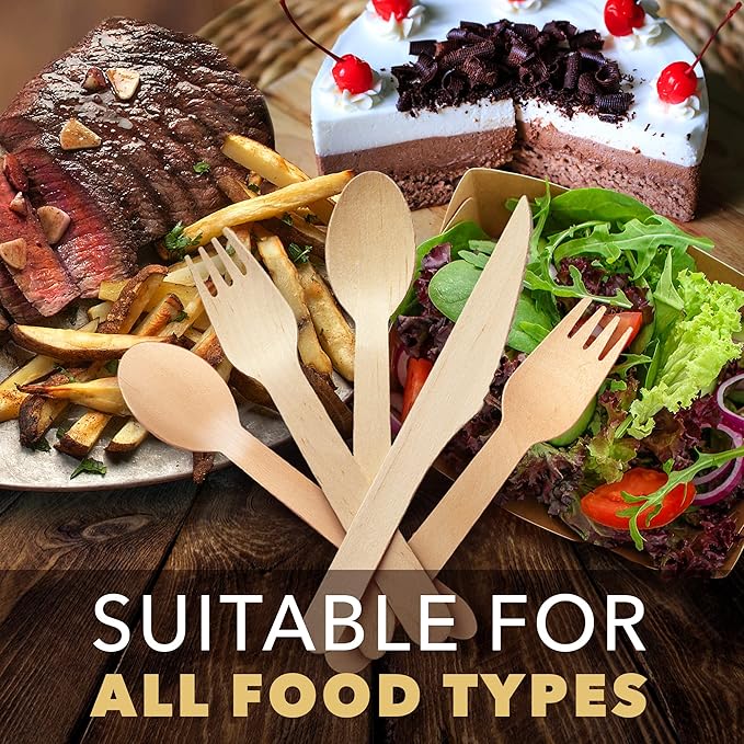 Weemium Disposable Wooden Cutlery Set - 300 Count (100 Forks, 100 Knives, 100 Spoons) – Plastic-free Packaging - Biodegradable Silverware and Splinter-free Compostable Utensils for Parties