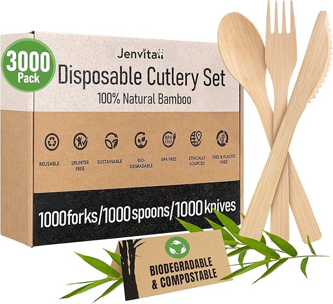 100% Bamboo Cutlery Set - 3000 Utensil Disposable Set (1800 Forks, 600 Spoons, 600 Knives) | Reusable or Disposable Utensils for Party | FSC Certified Flatware for Weddings, Camping, Parties