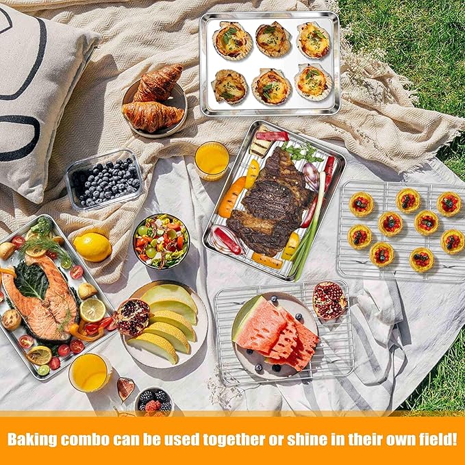 Homikit Quarter Sheet with Rack (1 Pan + 1 Rack), 9x13 Stainless Steel Baking Pan with Wire Cooling Rack for Toaster Oven Roasting, Metal Bacon Cookie Trays Nonstick & Rust Free, Dishwasher Safe