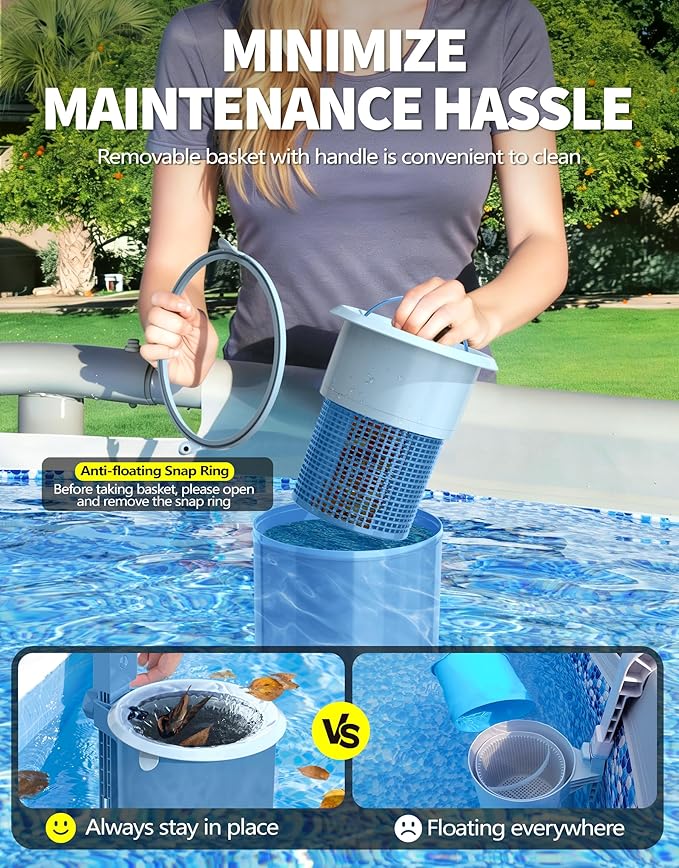 BluSwim [Patented] Above Ground Pool Skimmer with Solar Digital Thermometer | Wall Mount Surface Skimmer - Auto Skimming Pool Floating Debris | 2 Upgraded Bracket - Stable&Height Adjustable-Steel Blue