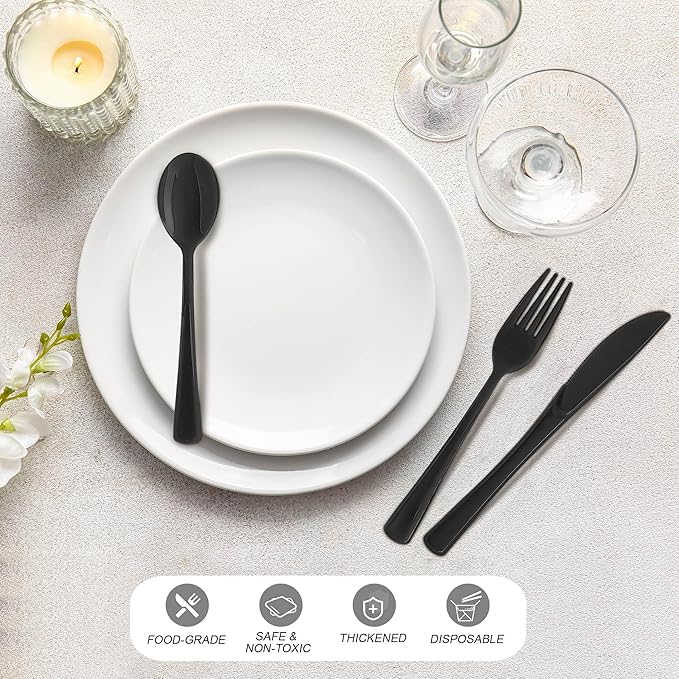 Kochorie 300 Pieces Graduation Black Plastic Silverware Heavy Duty Plastic Cutlery Set Heavyweight Disposable Utensils Includes Spoons Forks Knifes for Birthday Party Prom Night Wedding Dinner