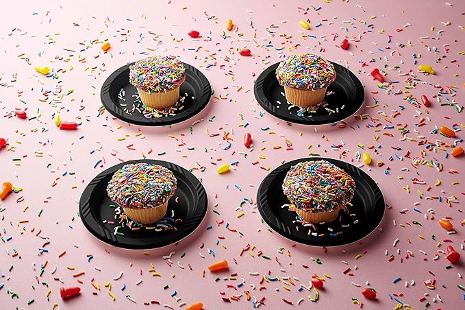 Munfix 200 Black Plastic Plates Set - 7 Inch Disposable Dessert/Salad Plates, Bulk Pack for Party, BBQ, Picnic, Parties, Travel and Events, Microwavable Recyclable