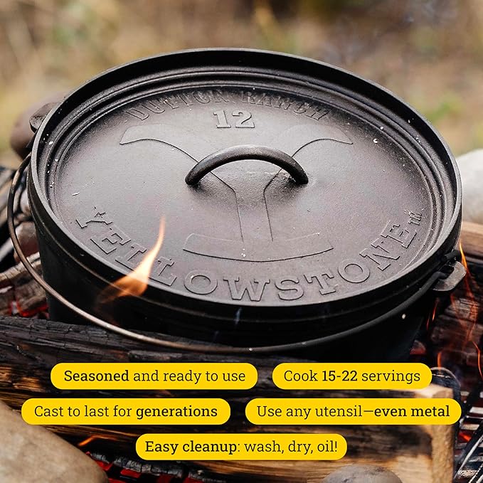 Lodge Pre-Seasoned Yellowstone Stamped Cast Iron Cookware - Use in the Oven, on the Stove, on the Grill, or Over a Campfire - Power Y 8 Quart Dutch Oven