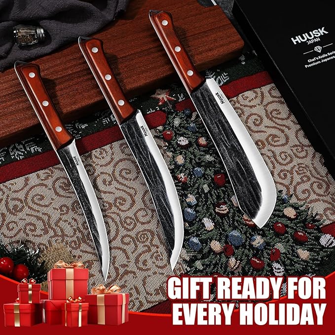 Huusk Butcher Knife Set for Meat Cutting, 3PCS Carving BBQ Brisket Knives, Hand-forged Kitchen Knive Set with Ergonomic Handle, Christmas Gifts for Men Women