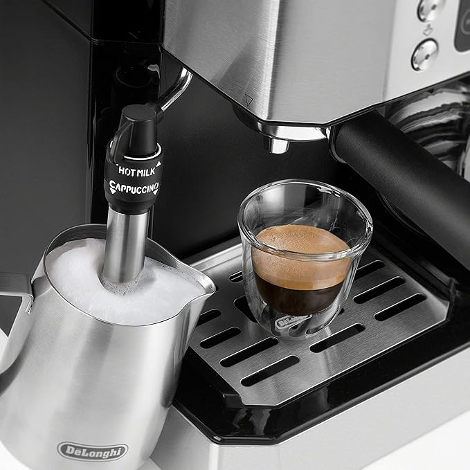 De'Longhi UPGRADED All-in-One Combination Coffee Maker & Espresso Machine + Advanced Adjustable Milk Frother for Cappuccino & Latte + Glass Coffee Pot 10-Cup, COM532M black