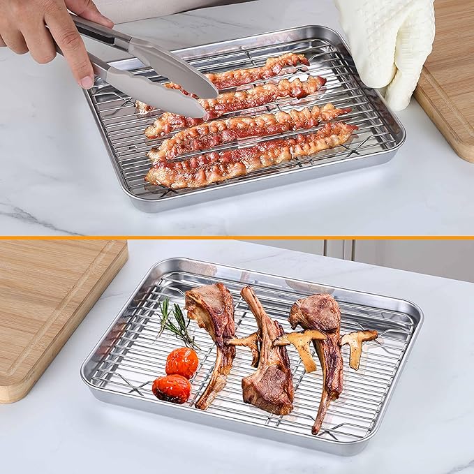 Homikit Baking Sheet with Wire Rack (1 Pan + 1 Rack), 10.5 x 8 Inches Stainless Steel Small Baking Pan with Cooling Rack, Metal Cookie Sheets Bacon Tray for Toaster Oven, Rust Free & Dishwasher Safe