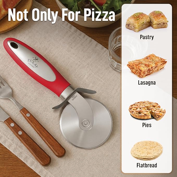 Zulay Kitchen Large Pizza Cutter Wheel - Premium Stainless Steel Pizza Slicer - Easy To Clean & Cut Pizza Wheel - Super Sharp, Non-Slip Handle & Dishwasher Friendly - Red