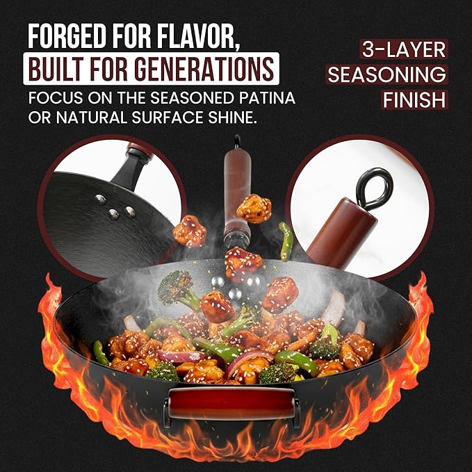 Pre-Seasoned Cast Iron Nonstick Stir-Fry Pan | Dual Handles & 4 Spatulas | Flat Bottom Wok with Wooden Lid & Wood Handle | Traditional Chinese Induction Wok (34cm)
