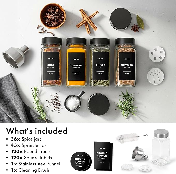 Glass Spice Jars with Label and Black Lids (36 x 4oz) Spice Containers with 240 Labels, Shaker Inserts, Steel Funnel, Empty Square Empty Square Seasoning Organizer