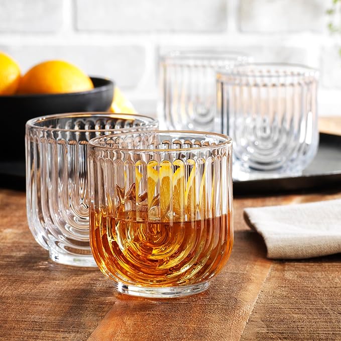 Glaver's 8-Piece Drinking Glass Set, Art Deco Ribbed Arch Glassware, Clear U-Shape Design, 17oz Highball and 11oz DOF Glasses Kitchen Glasses