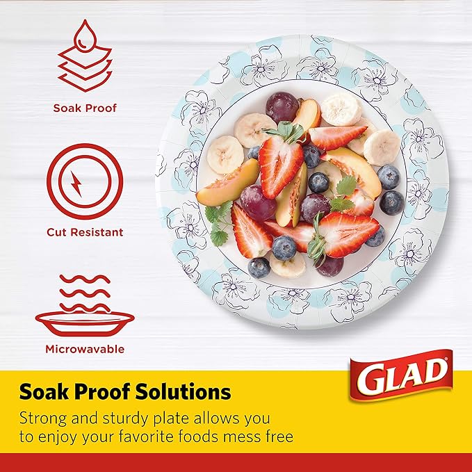 Glad Round Disposable Paper Plates, Blue Flower Design, Heavy Duty Soak Proof Cut Resistant Microwave Safe Plates for Meals, Parties, Picnics, and Events, 10 Inch, 50 Count - 12 Pack