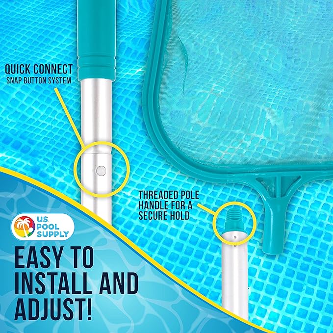 U.S. Pool Supply Swimming Pool 4 Foot Leaf Skimmer Net with 4 Connecting Aluminum Pole Sections - Fine Mesh Netting for Fast Cleaning of Debris - Clean Spas & Ponds