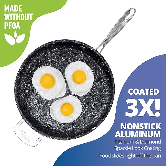 Granitestone 14” Frying Pan with Lid, Large Non stick Frying Pan for Cooking, Frying Pan Nonstick, Ultra Durable Mineral and Diamond Coating, Family Sized Open Skillet, Oven and Dishwasher Safe, Black