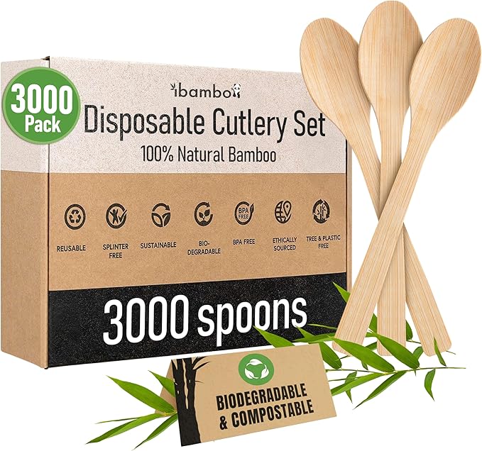 100% Bamboo Spoons Set - Compostable Utensils Set (3000 Eco Friendly Spoons) | Reusable or Disposable Utensils Set | Compostable FSC Certified Silverware for Weddings, Camping, Parties