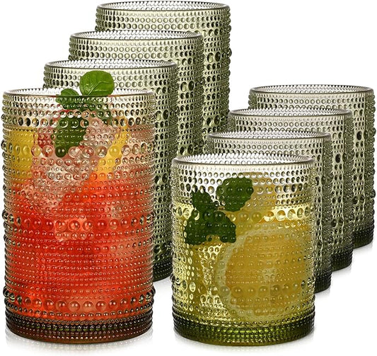 Green Hobnail Drinking Glasses Set of 8，15 oz Vintage Highball Glassess & 12 oz Cocktail Glasses，Drinkware Kitchen Glasses for Cocktail, Iced Coffee, Beer, Ice Tea, Wine, Whiskey, Water