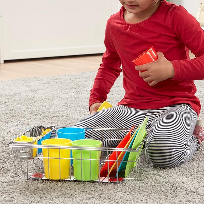 Melissa & Doug Wash and Dry Dish Set - 24 Pieces Kids Play Dishes, Play Kitchen Accessories, Toy Dishes for Kids Kitchen Ages 3+