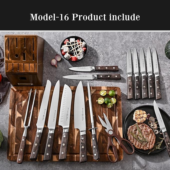 Knife Set，Emojoy 16-Piece Kitchen Knife Set with Block, Knife Block Set with Kitchen Shears and Sharpener, High Carbon German Steel(Natural Wenge)