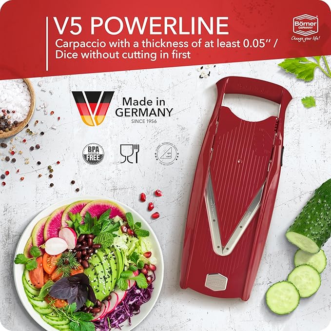 Mandoline Food Slicer Börner V5 (Profi Set) by Reston Lloyd • V-Slicer with 4 Inserts, Docking Station & Food Holder • Made in Germany • Fruit & Vegetable Chopper • Multiple Settings • Color: Red