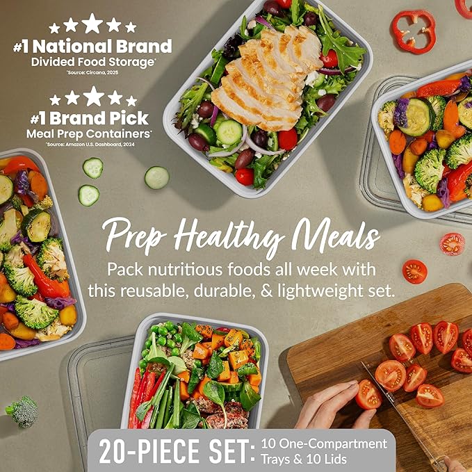 Bentgo 20-Piece Lightweight, Durable, Reusable BPA-Free 1-Compartment Containers - Microwave, Freezer, Dishwasher Safe - White